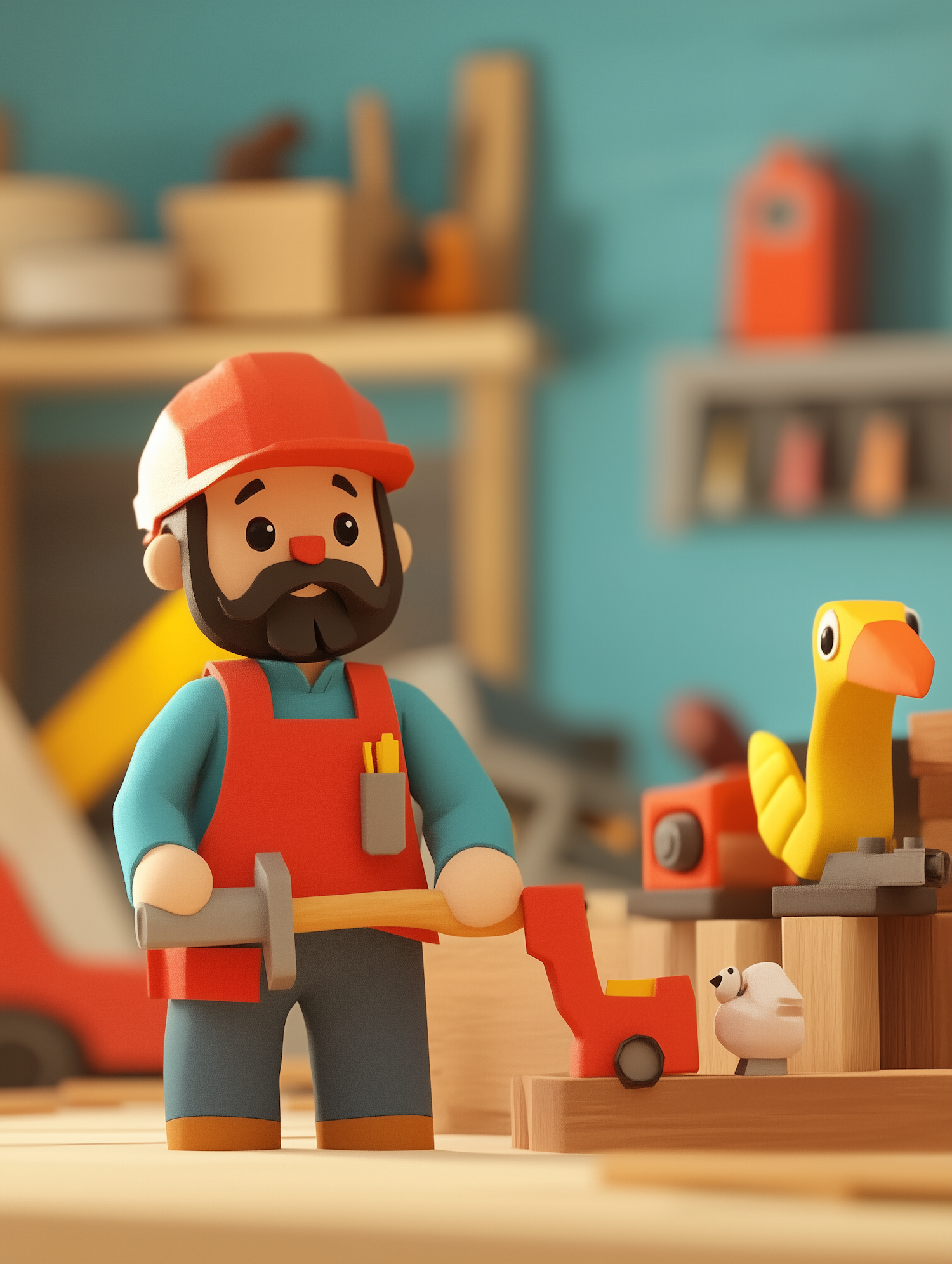 Cartoon Construction Worker with Wooden Birds