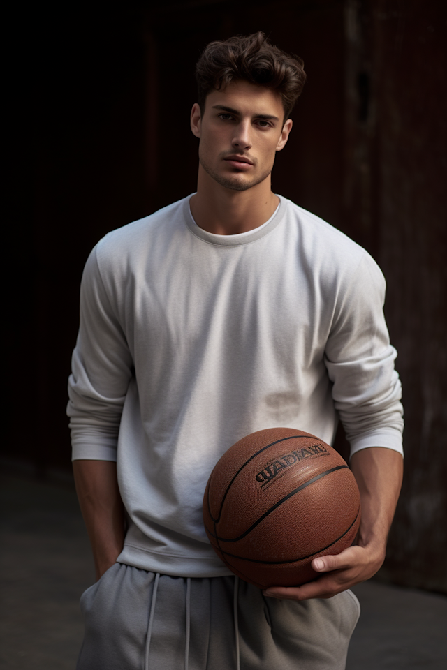 Focused Athlete in Casual Sportswear with Basketball