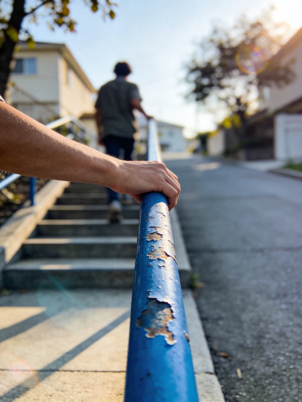 Hand on Blue Railing