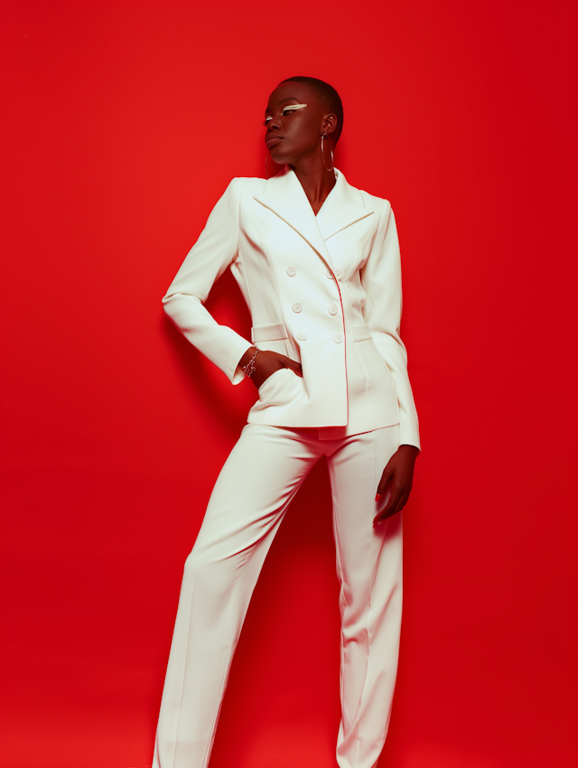 Elegant Model in White Suit with Red Background