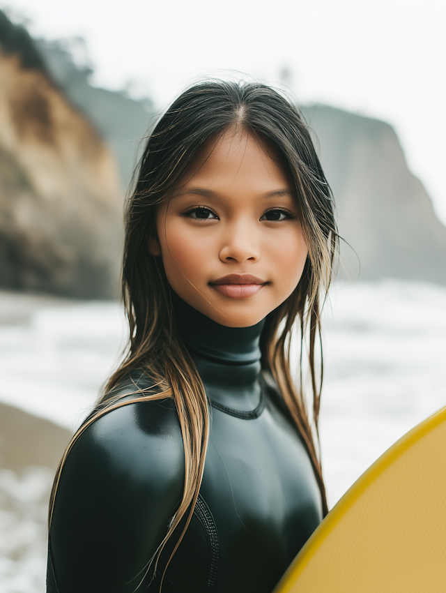 Young Woman with Surfboard on Beach