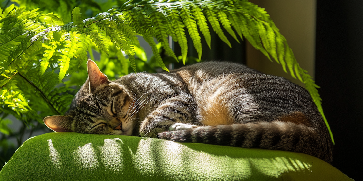 Sleeping Tabby Cat in Sunlit Greenery