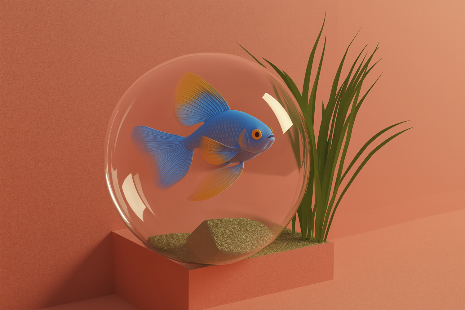 Blue and Yellow Fish in Fishbowl