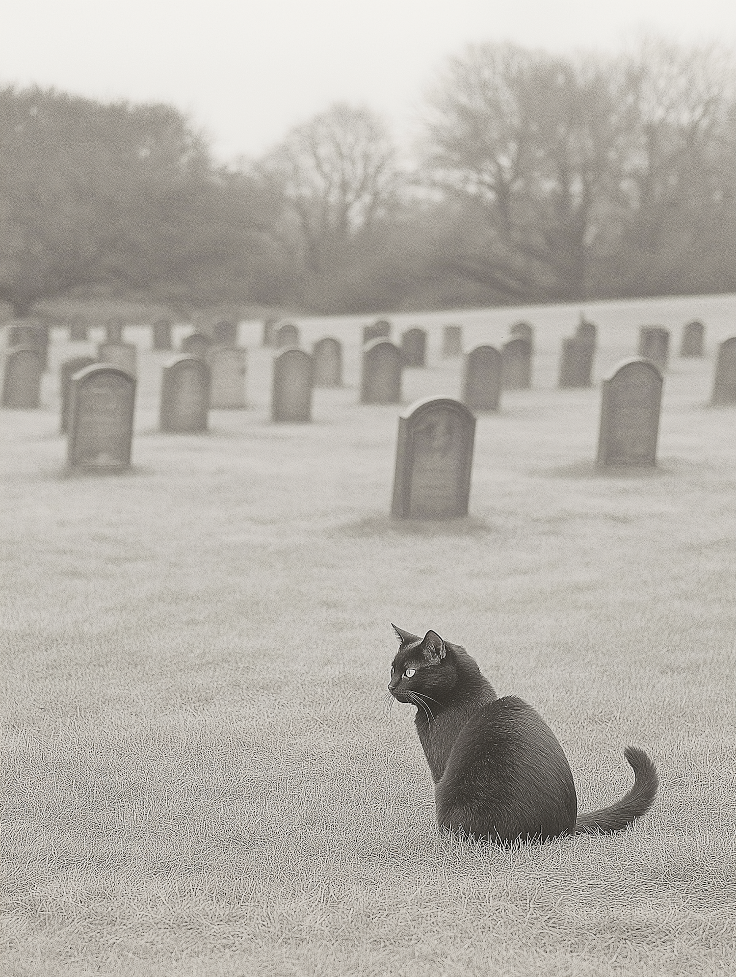 Contemplative Black Cat in Cemetery