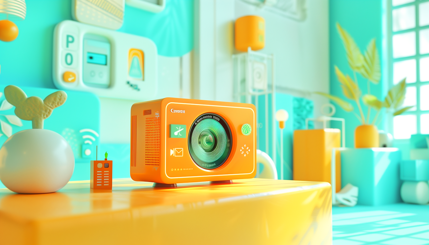 Retro Digital Camera in a Vibrant Tech-Savvy Environment