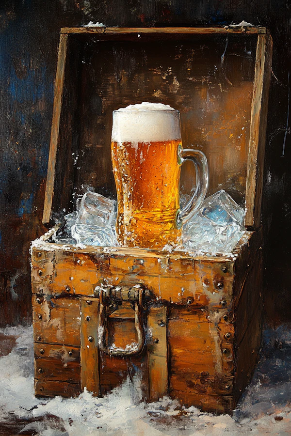 Frosty Mug of Beer in Wooden Chest