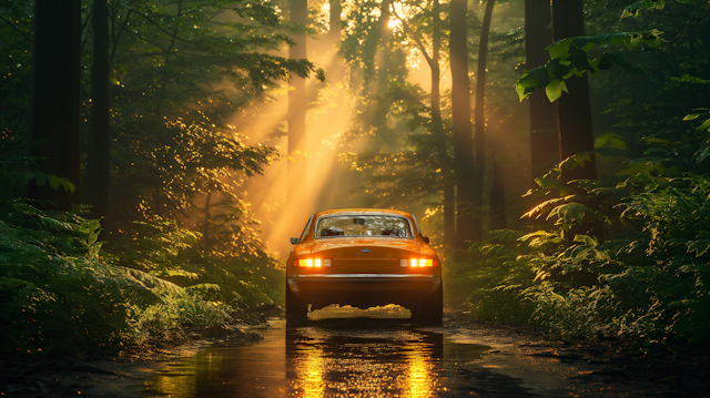 Vintage Car on Forest Road