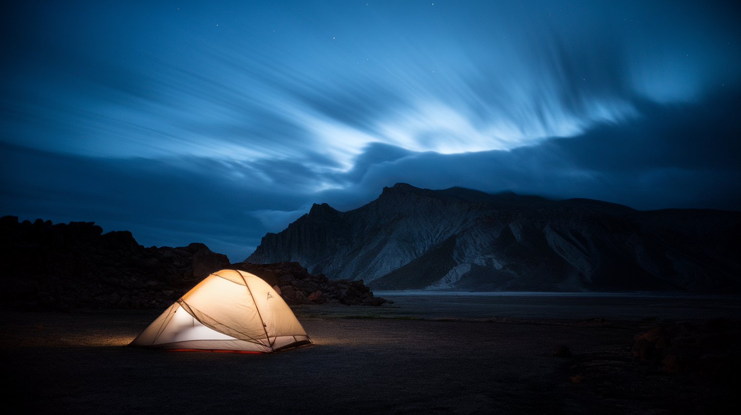 Illuminated Tent Under a Starry Night Sky