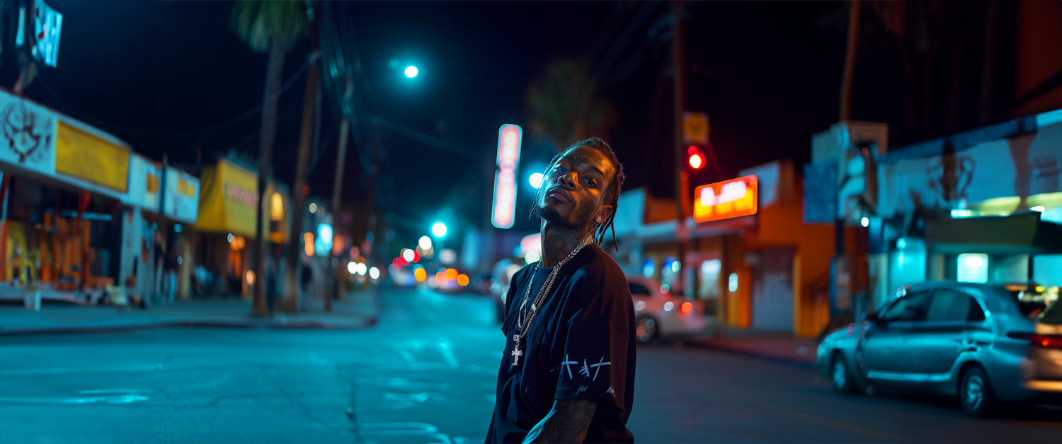 Confident Man with Tattoos and Dreadlocks at Night