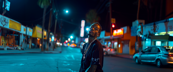 Confident Man with Tattoos and Dreadlocks at Night