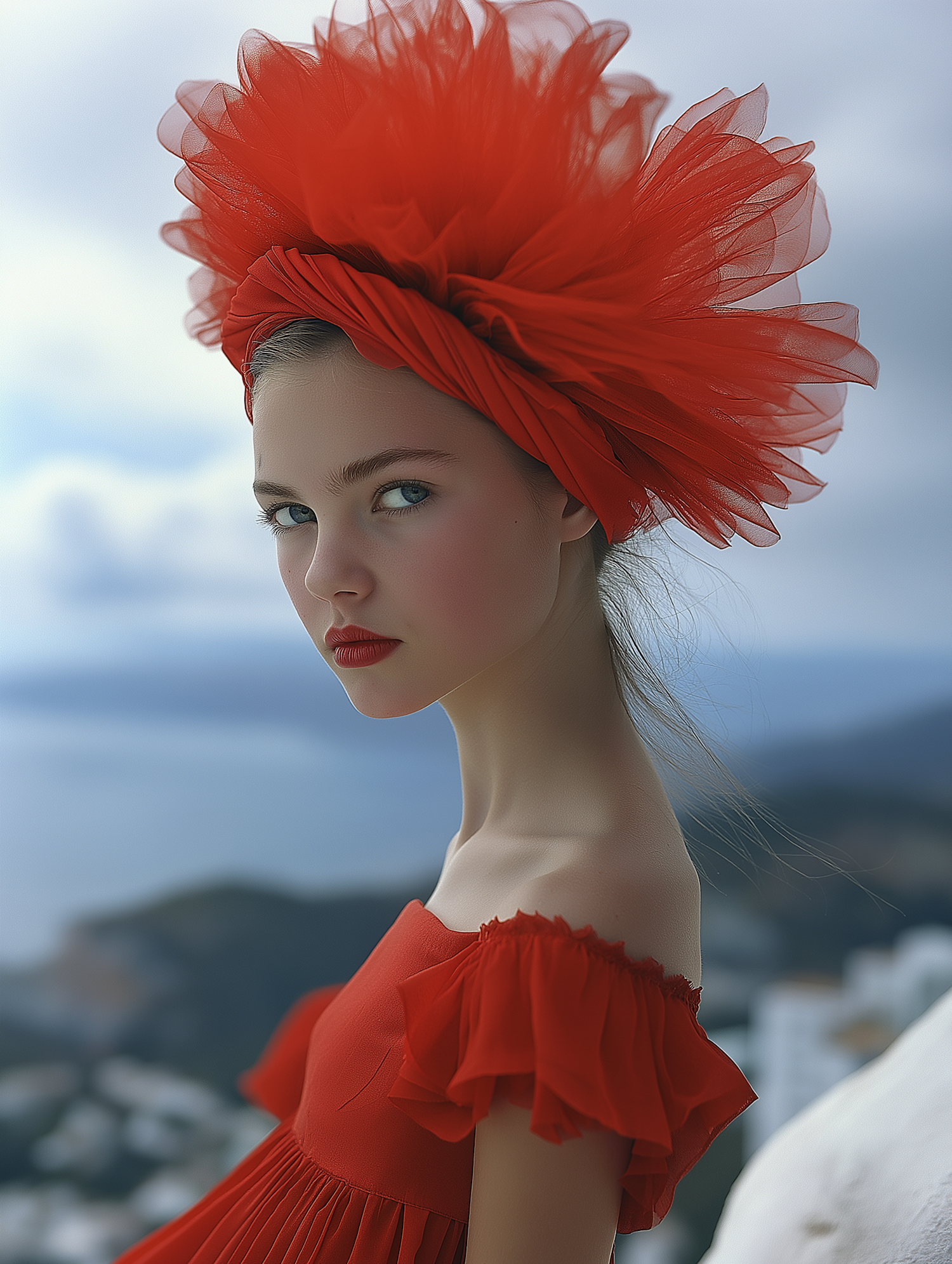 Woman in Red Dress by the Sea