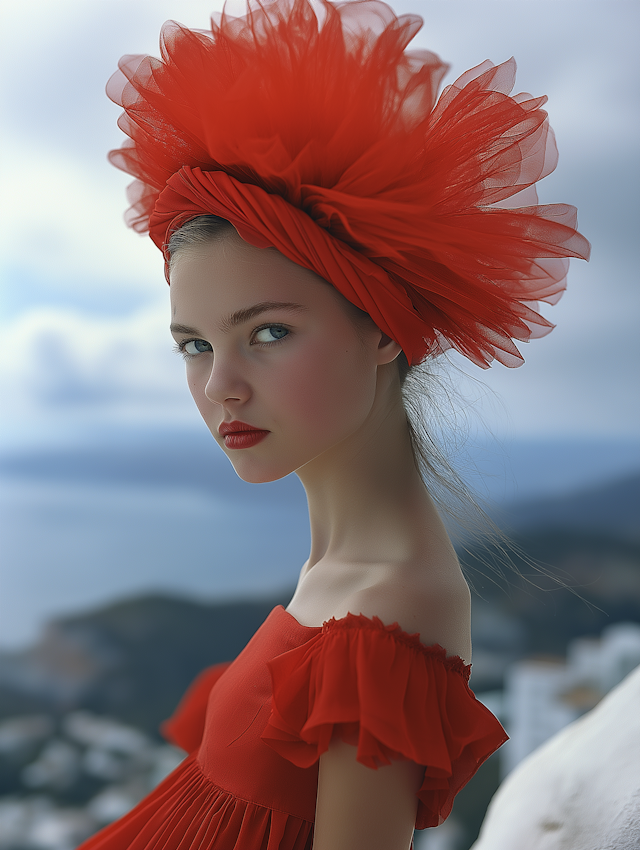 Woman in Red Dress by the Sea