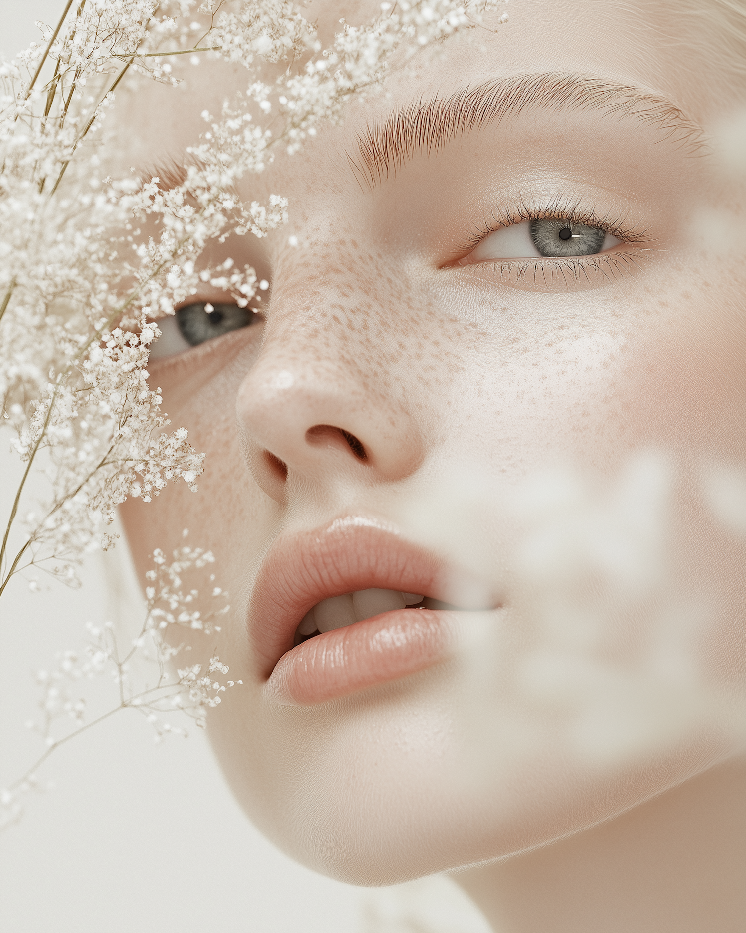 Close-up of Freckled Face with Flowers
