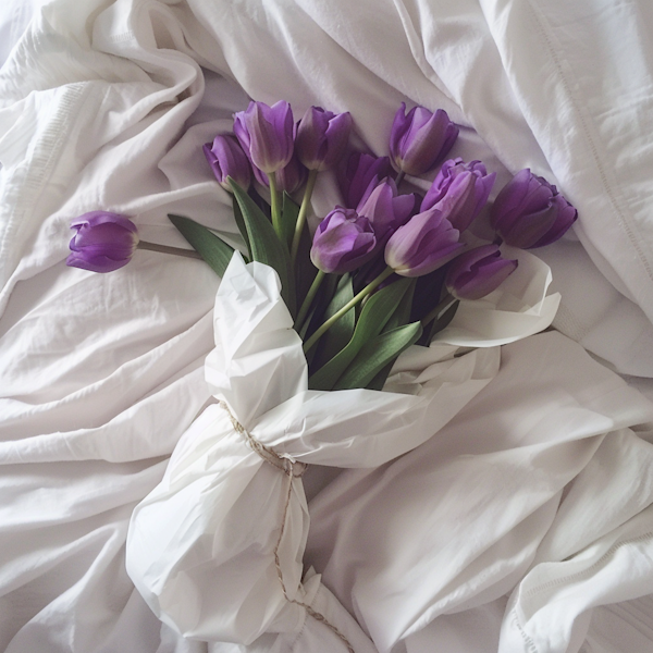 Vibrant Purple Tulips on White Bed Linen