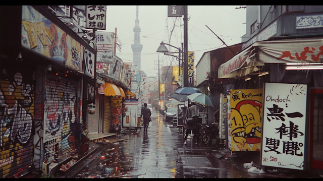 Rainy Urban Street Scene with Tower Background