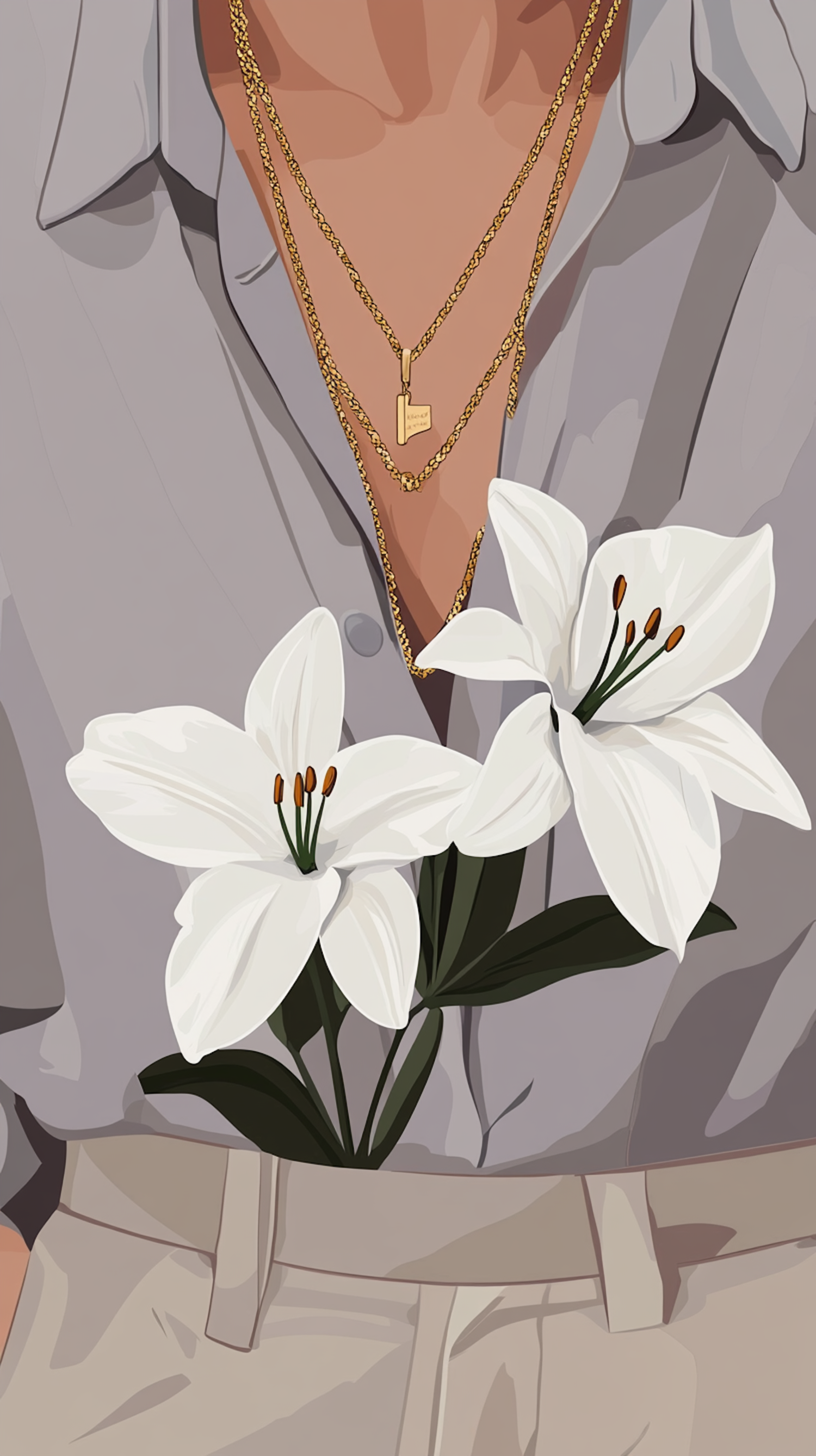 Illustration of a Man with Blessed Necklace and White Lilies