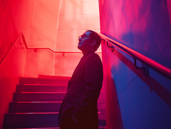 Contemplative Figure on Colorful Staircase