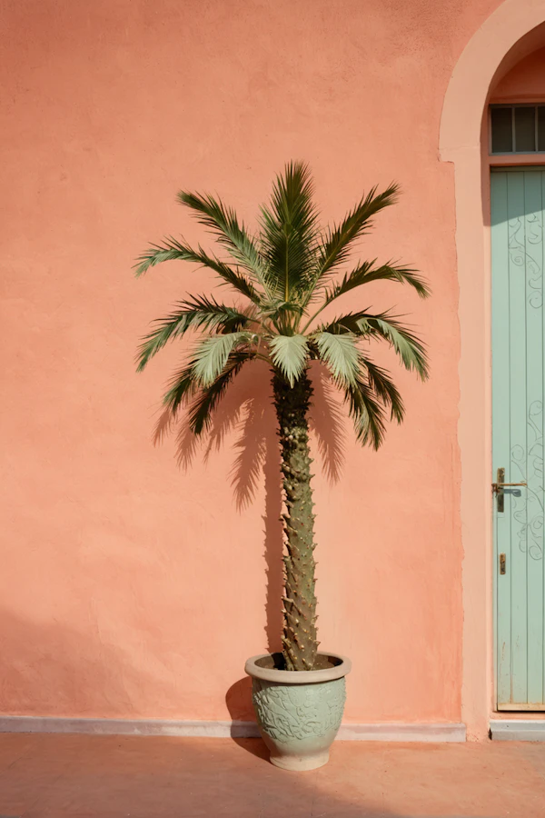 Potted Palm Against Peach Wall