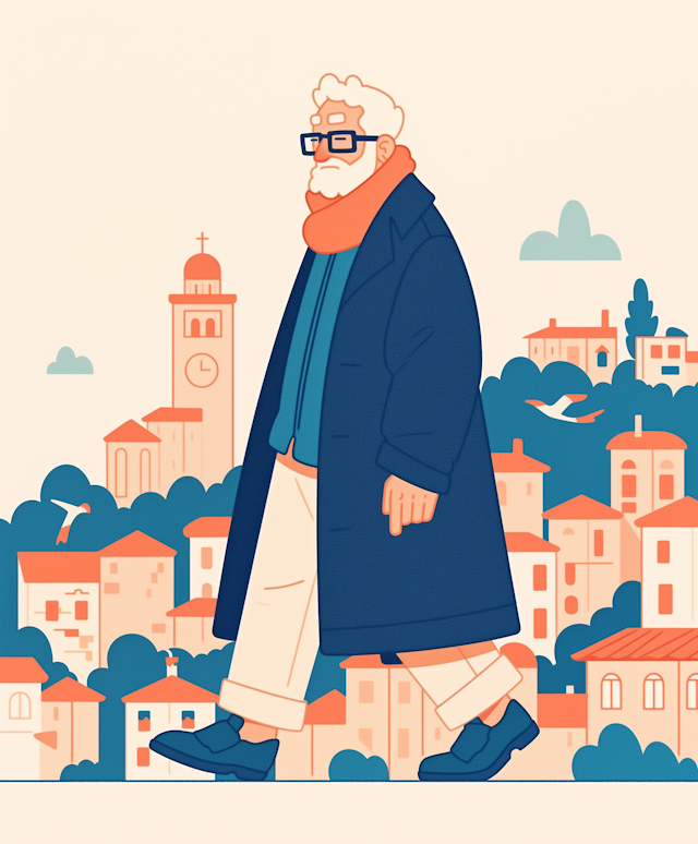 Elderly Man Strolling in Quaint Town