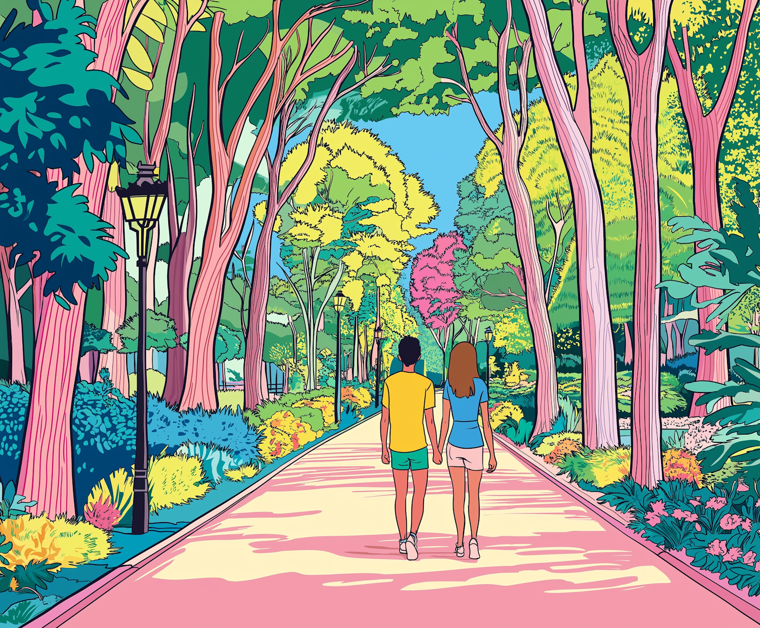 Colorful Couple's Walk Illustration