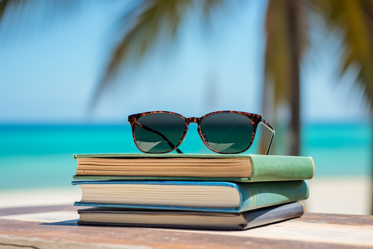 Literary Escape: Books and Sunglasses on a Tropical Beach