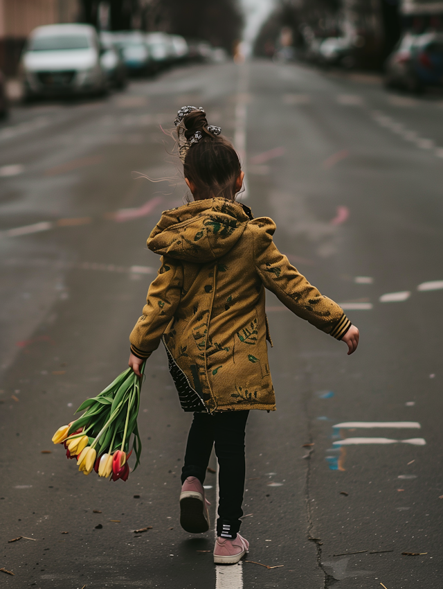 Girl in Mustard-Yellow Coat with Tulips