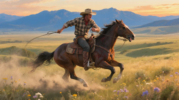 Cowboy Riding at Sunset