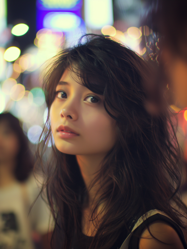 Contemplative Woman in Urban Nightscape