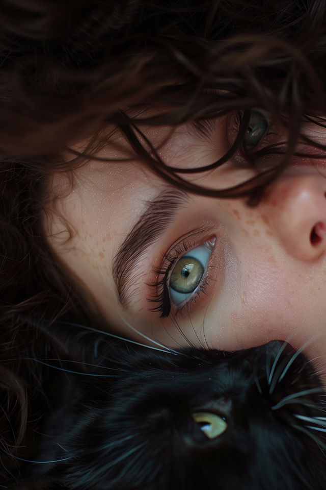 Intimate Close-Up of Young Woman and Black Cat