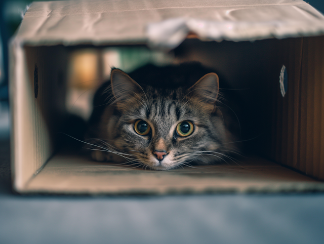 Curious Cat in Cardboard Box