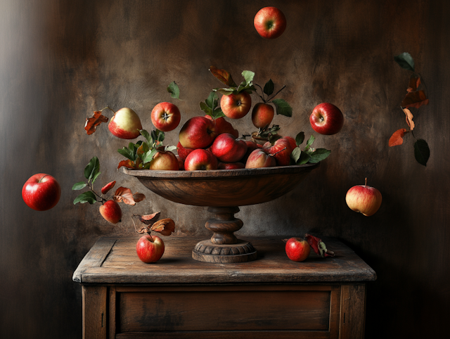 Floating Apples on Rustic Table