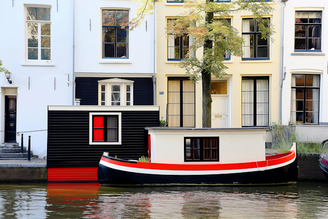 Tranquil Canal with Houseboat and Townhouses