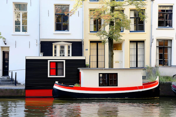 Tranquil Canal with Houseboat and Townhouses
