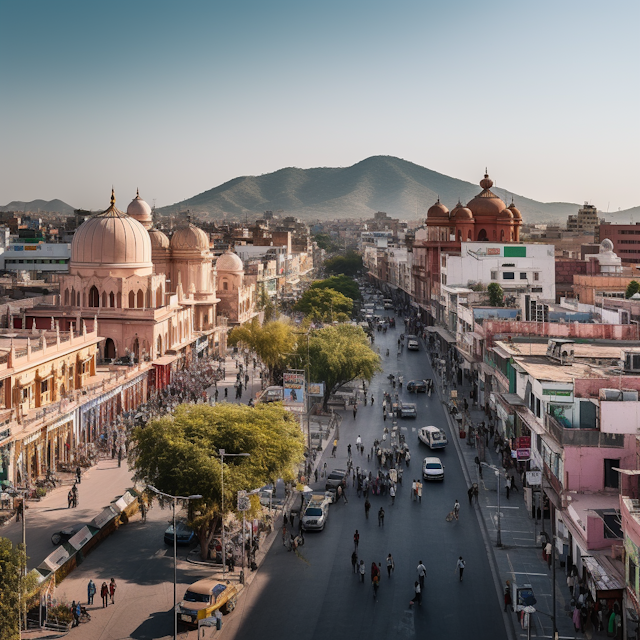 Sunrise Bustle on an Indian City Street with Traditional Architecture