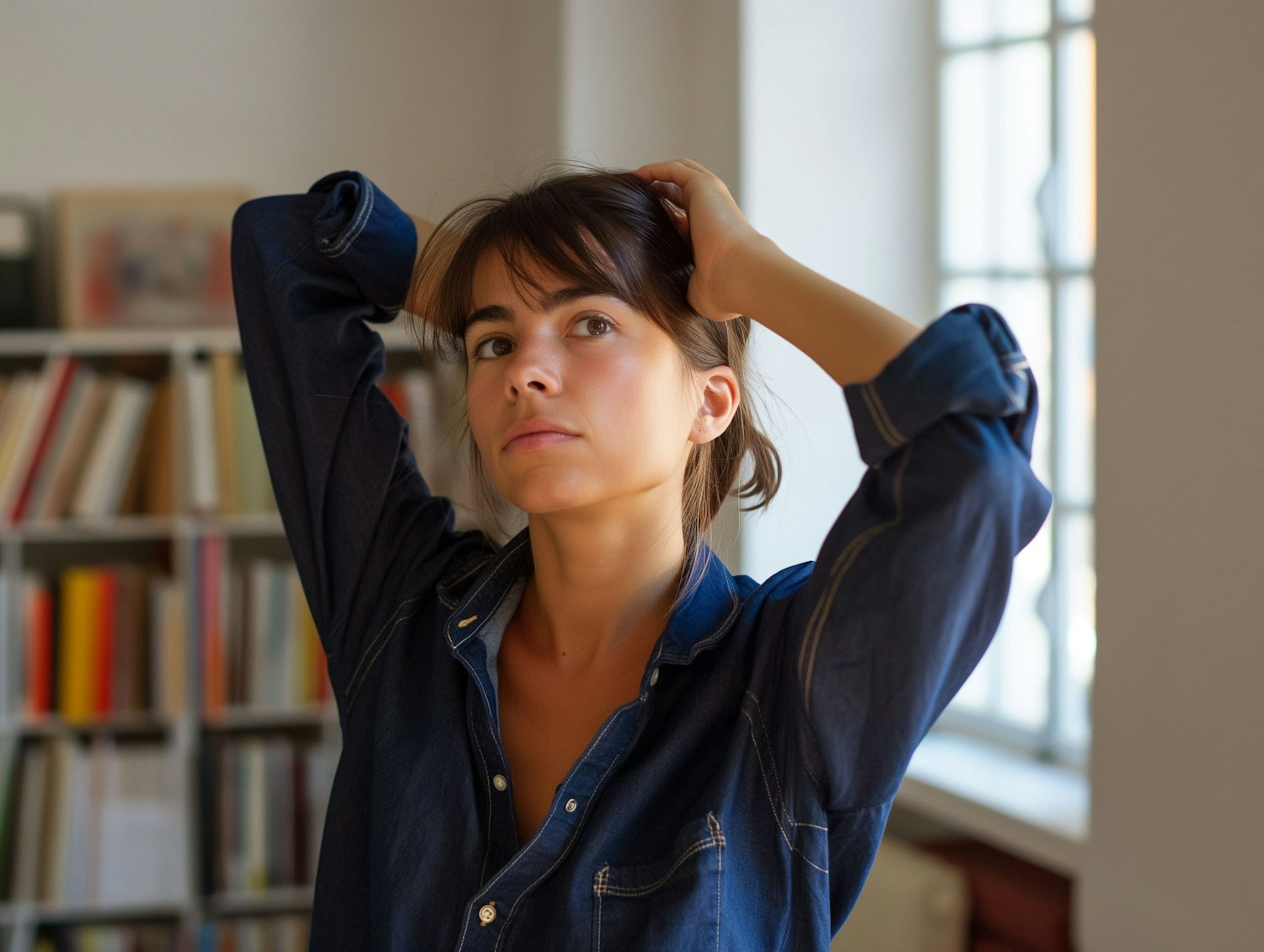 Contemplative Young Woman in Denim with Natural Light