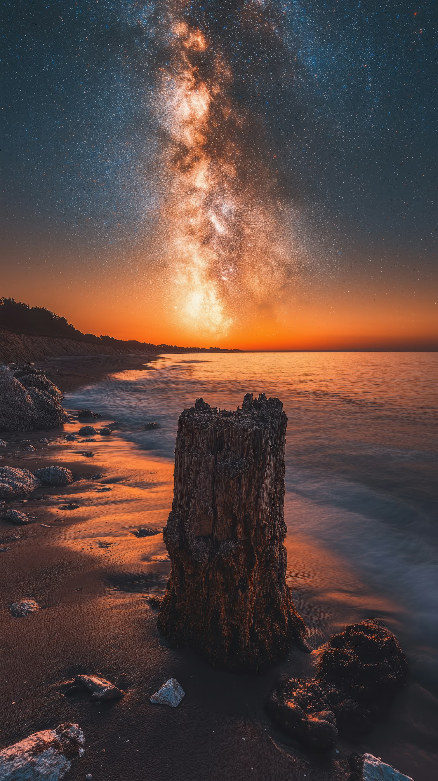 Coastal Sunset with Milky Way