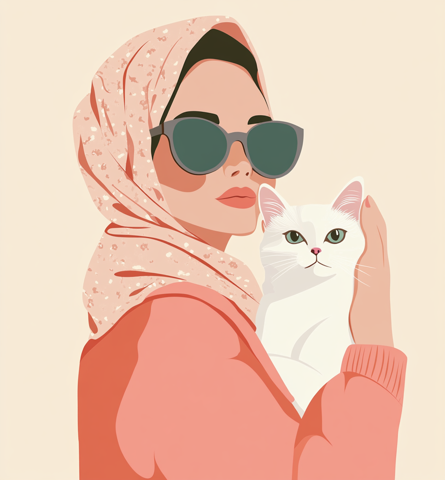 Stylish Woman with White Cat