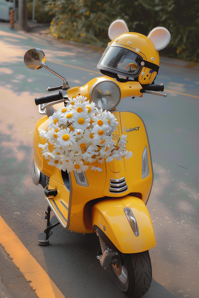 Whimsical Yellow Scooter with Mouse Helmet and Daisies