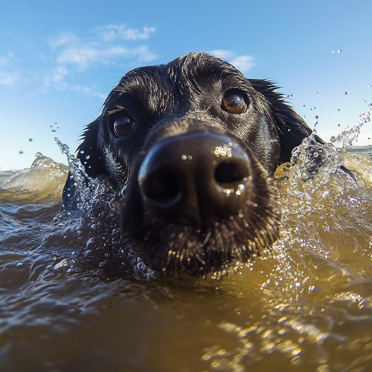 Black Dog Swimming Close-Up