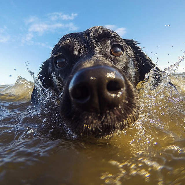 Black Dog Swimming Close-Up