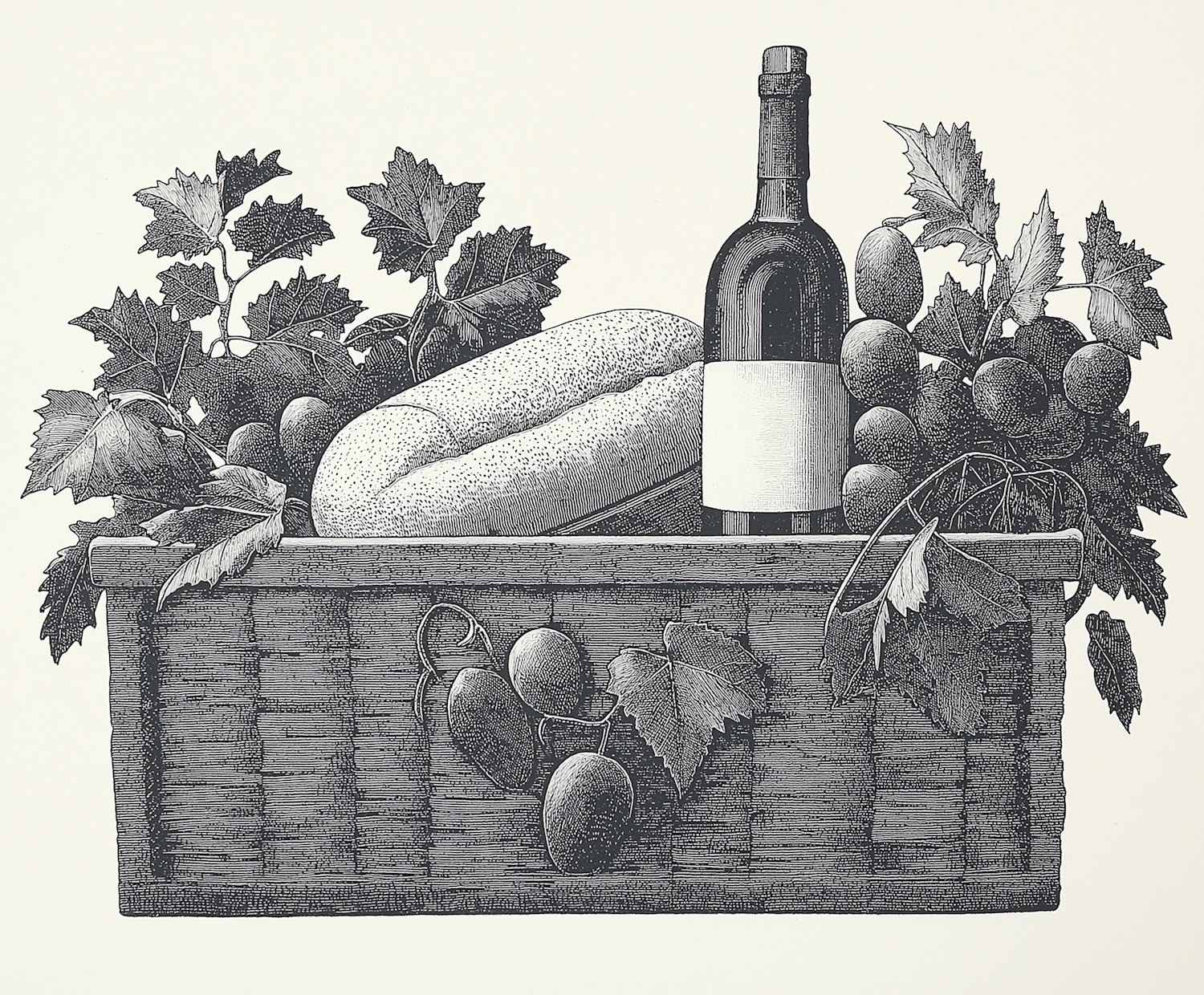 Rustic Still Life with Bread, Wine, and Grapes