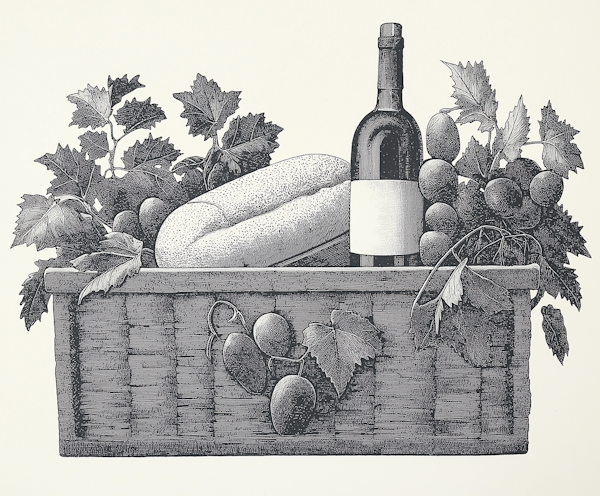 Rustic Still Life with Bread, Wine, and Grapes