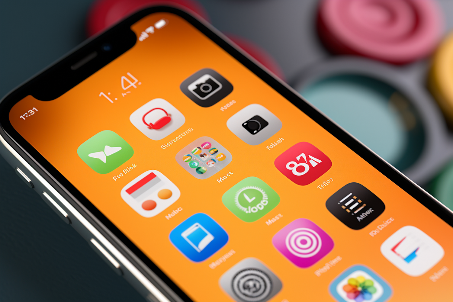 iPhone with Colorful App Icons on Orange Background