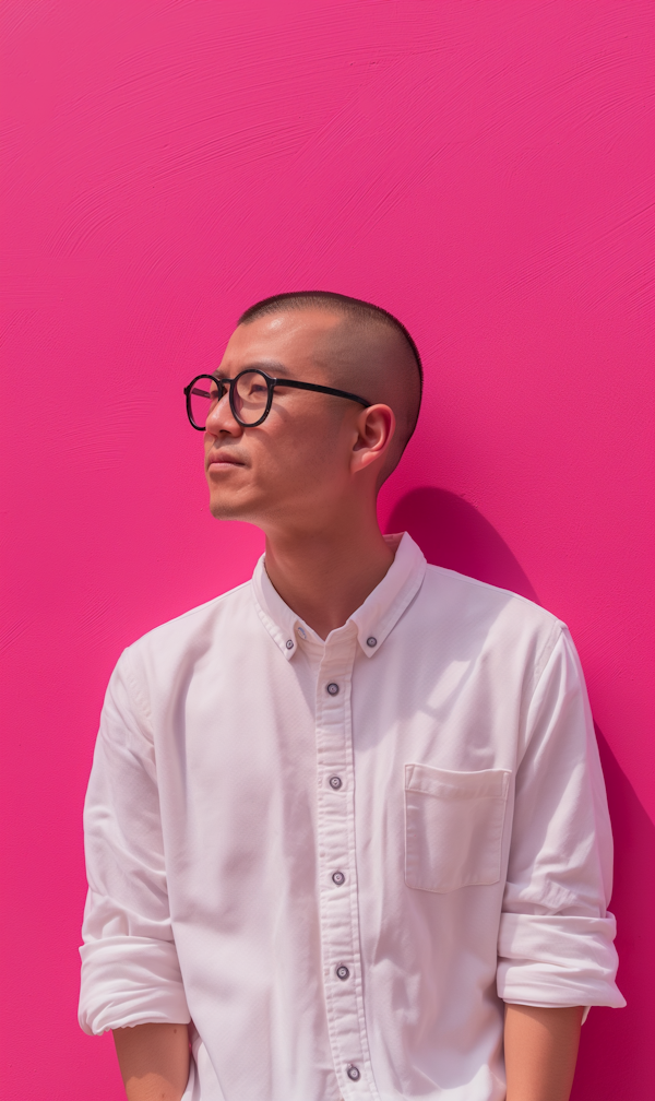 Contemplative Individual Against Pink Backdrop