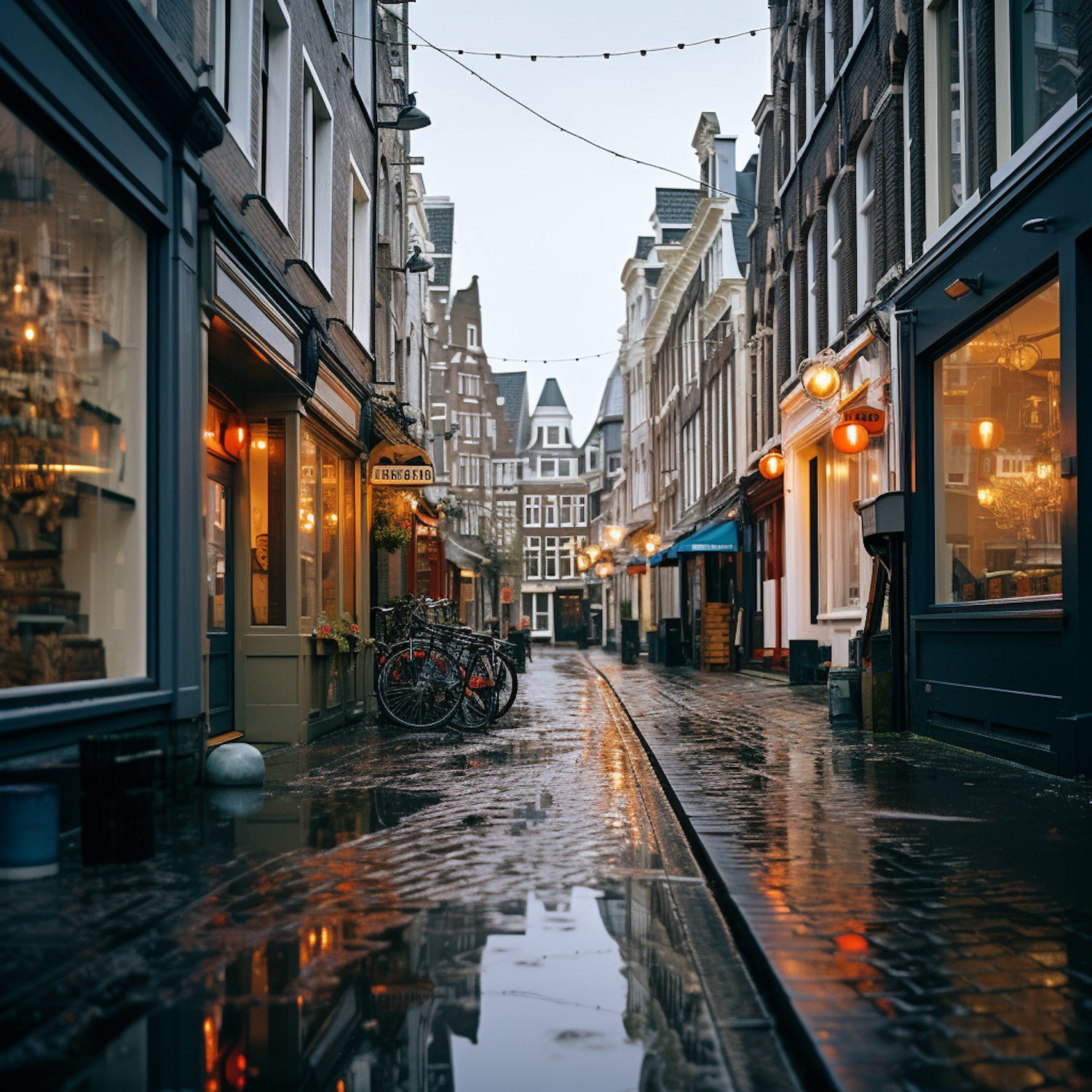 Rainy European Cobblestone Street at Dusk