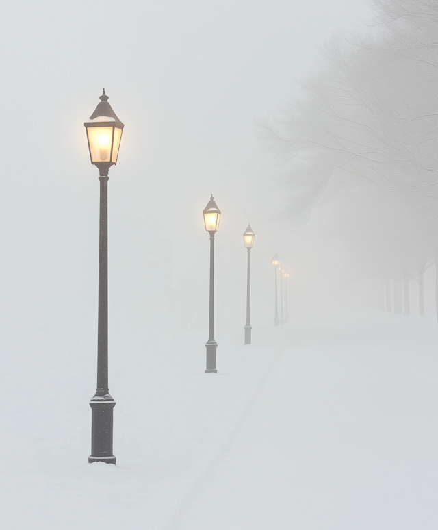 Serene Winter Scene with Vintage Street Lamps