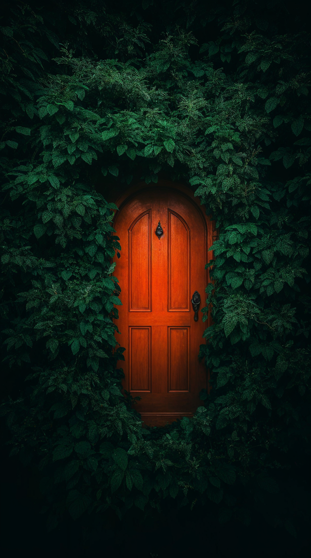 Mysterious Orange Door in Lush Greenery