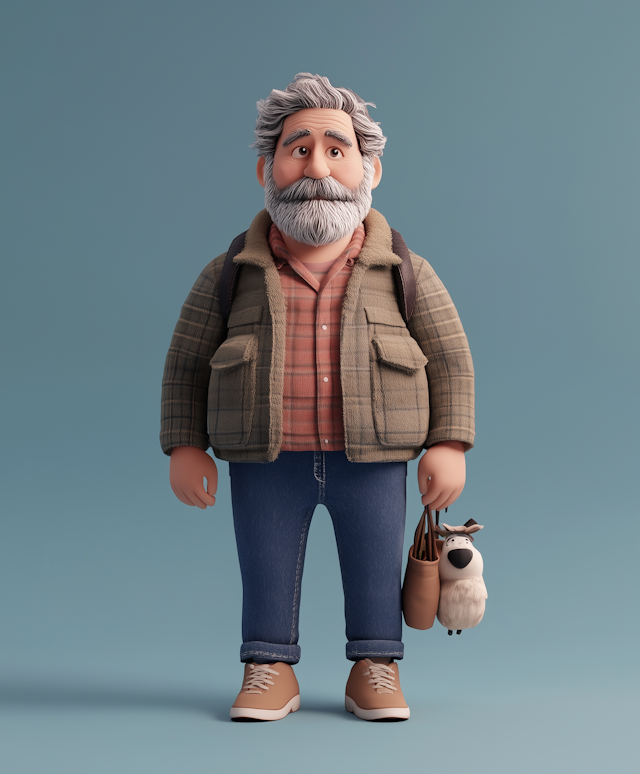 Stylized Elderly Man with Cartoonish Sheep