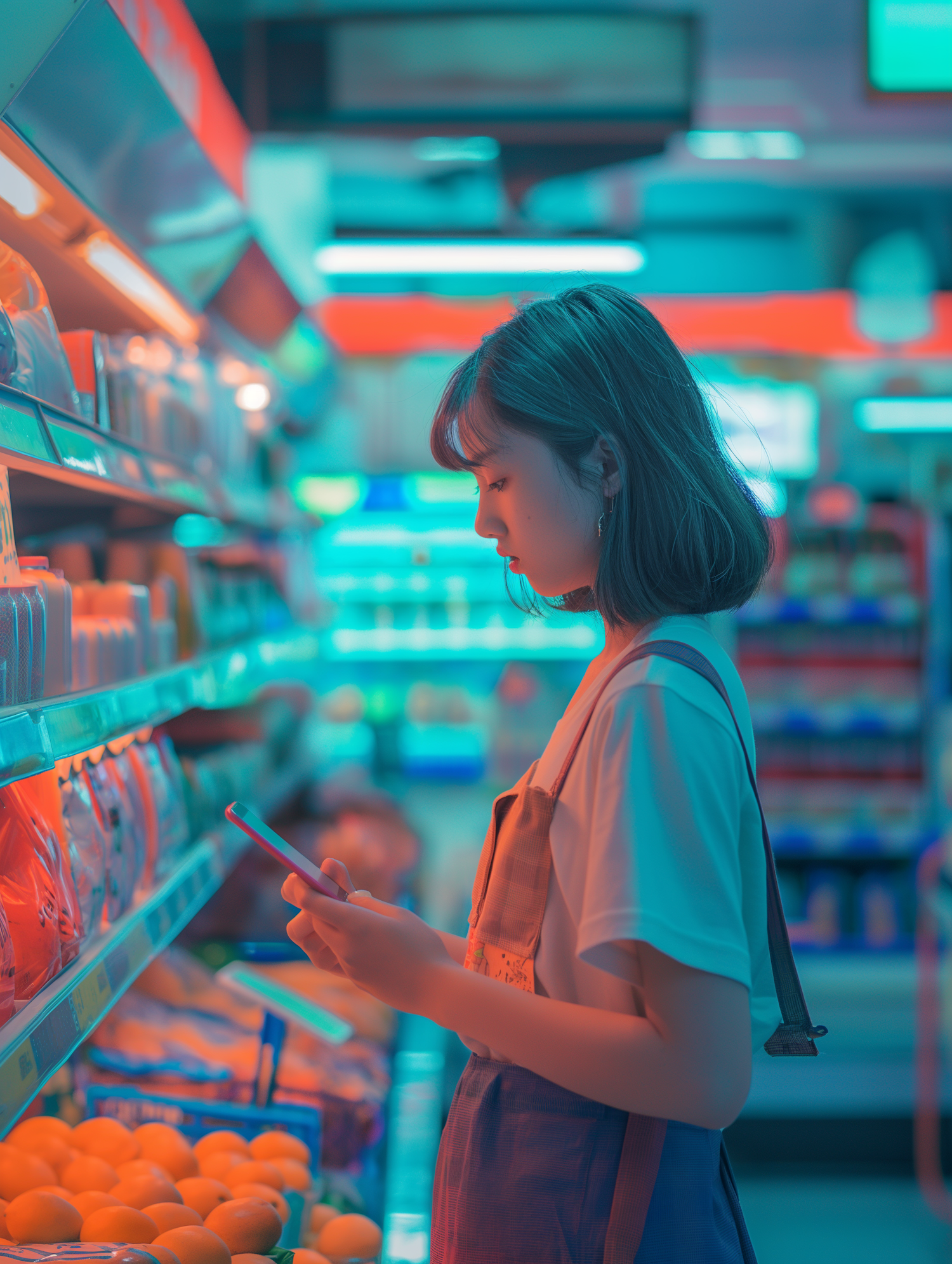 Young Woman with Phone in Neon-Lit Supermarket