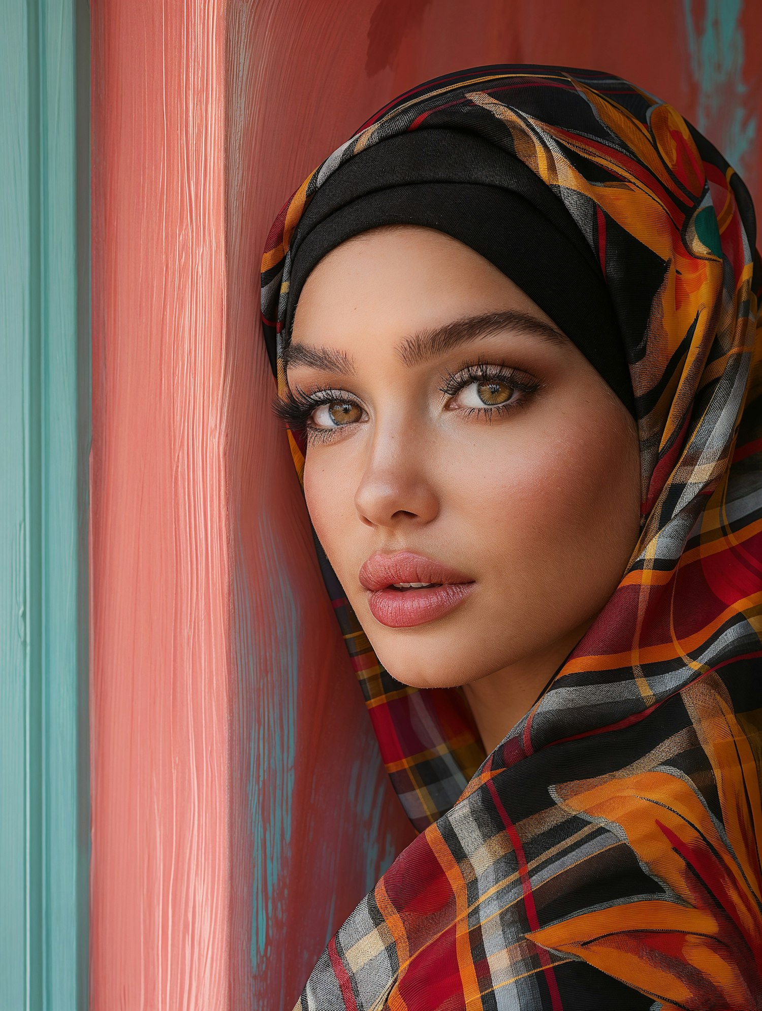 Striking Portrait of Woman with Multicolored Headscarf